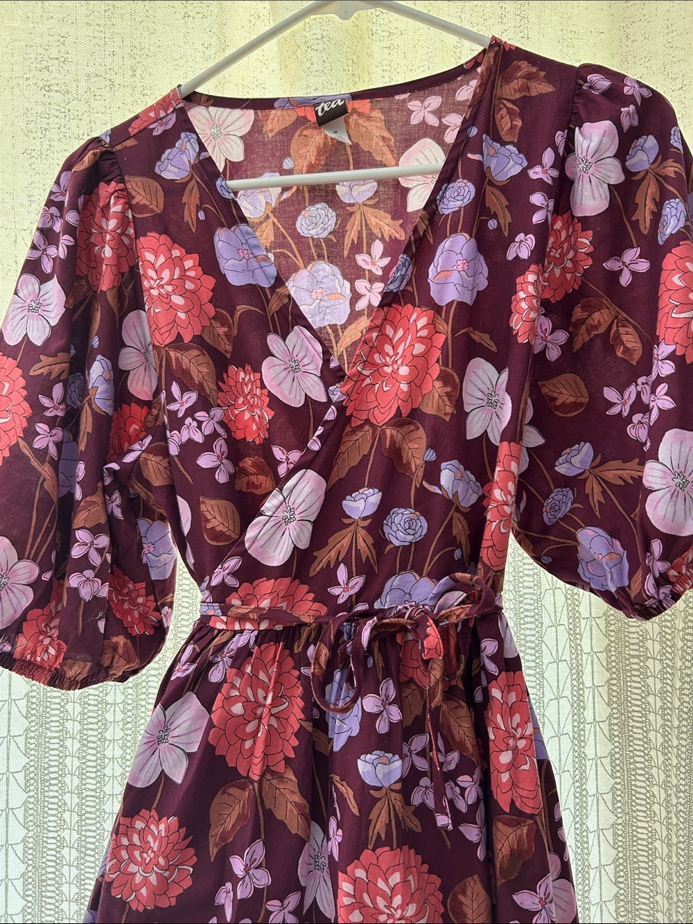 Tea Collection Burgundy Floral Midi Dress with Puff Sleeves - Picture 3 of 4
